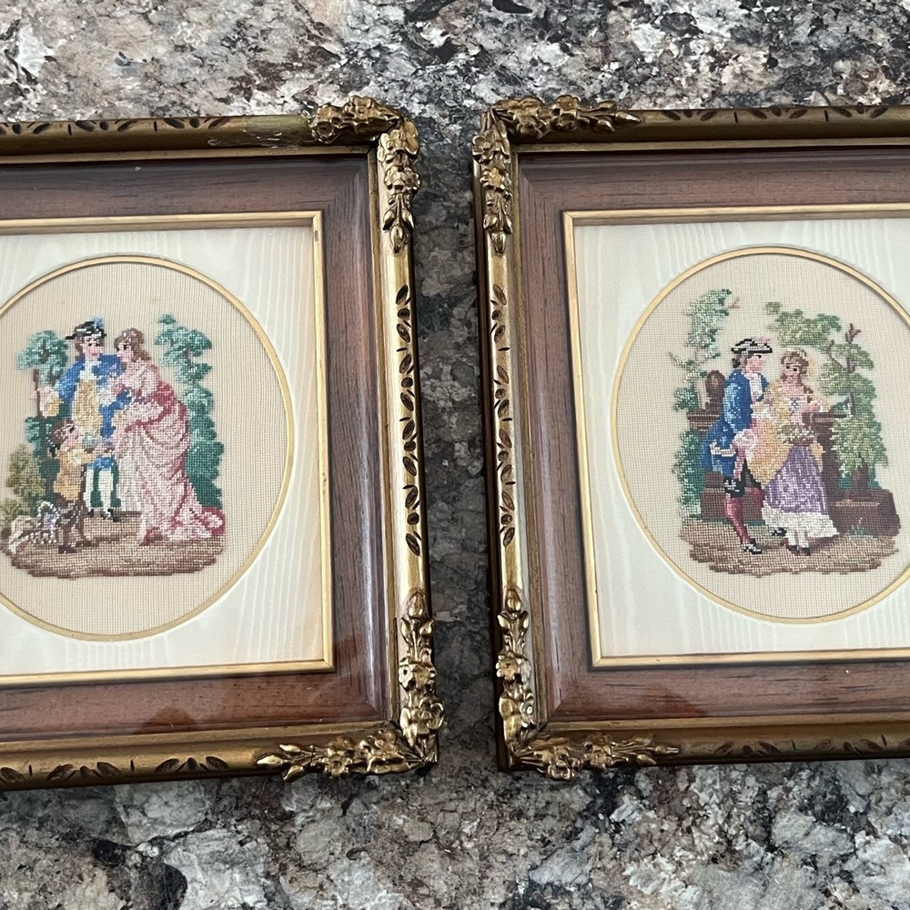 Beautiful Pair of Vintage Framed Needlepoint Pictures